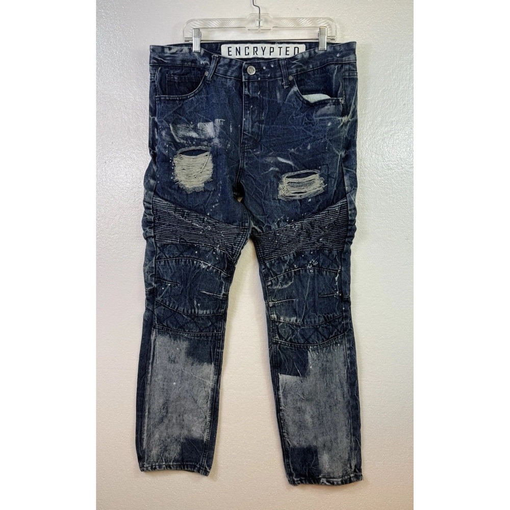 ENCRYPTED Distressed Moto Jeans Sz 36x30 Blue Acid Wash Tapered Leg Zippers Punk